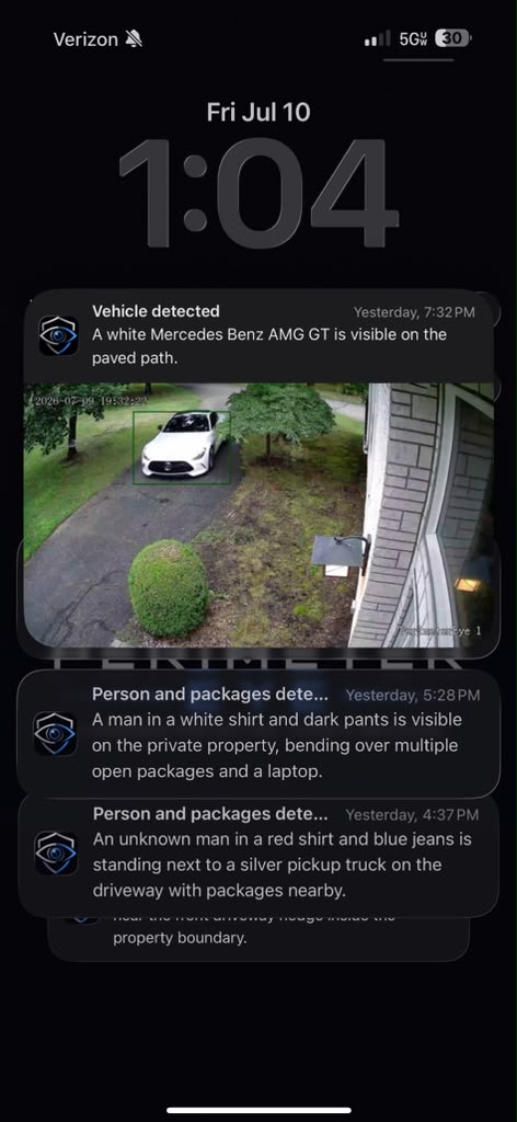 Real PerimeterEye iPhone lock-screen notification reading 'A white Mercedes Benz AMG GT is visible on the paved path' with the AI-analyzed camera frame showing the car, above further notifications describing people and packages on the property