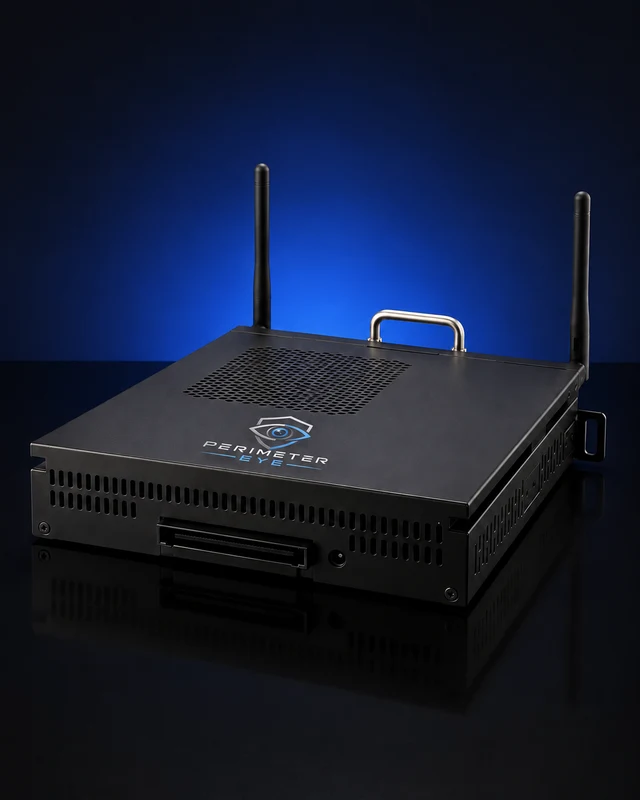 The PerimeterEye Brain, a black on-site computer with two antennas