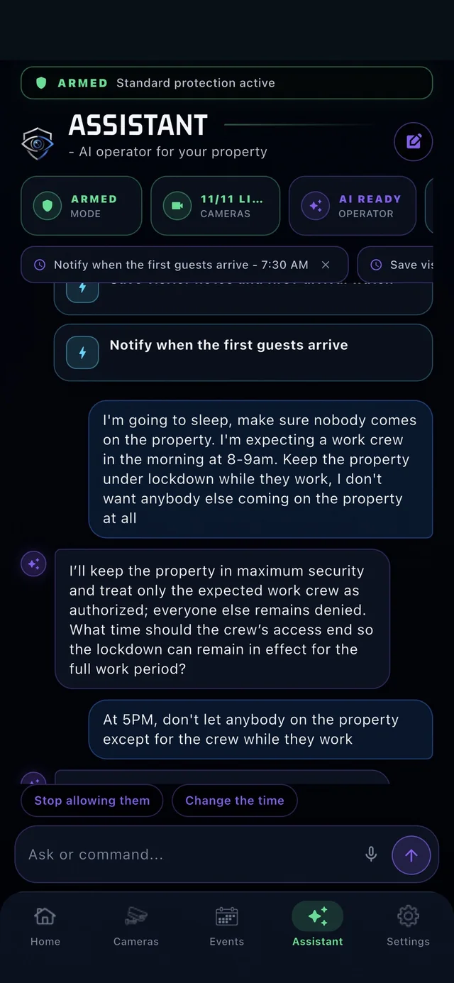 PerimeterEye app assistant: the owner asks it to keep the property locked down except for the expected work crew, and it confirms