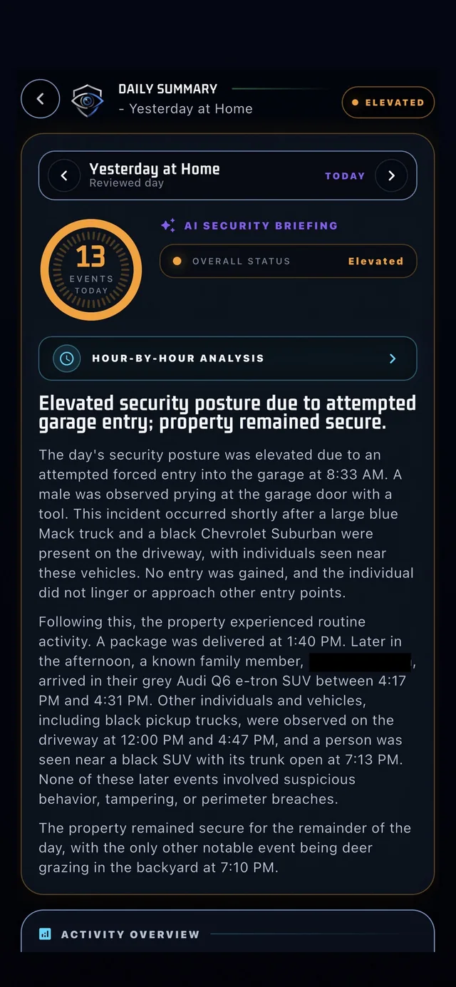 PerimeterEye app daily summary: thirteen events, an elevated day after an attempted garage entry, written up