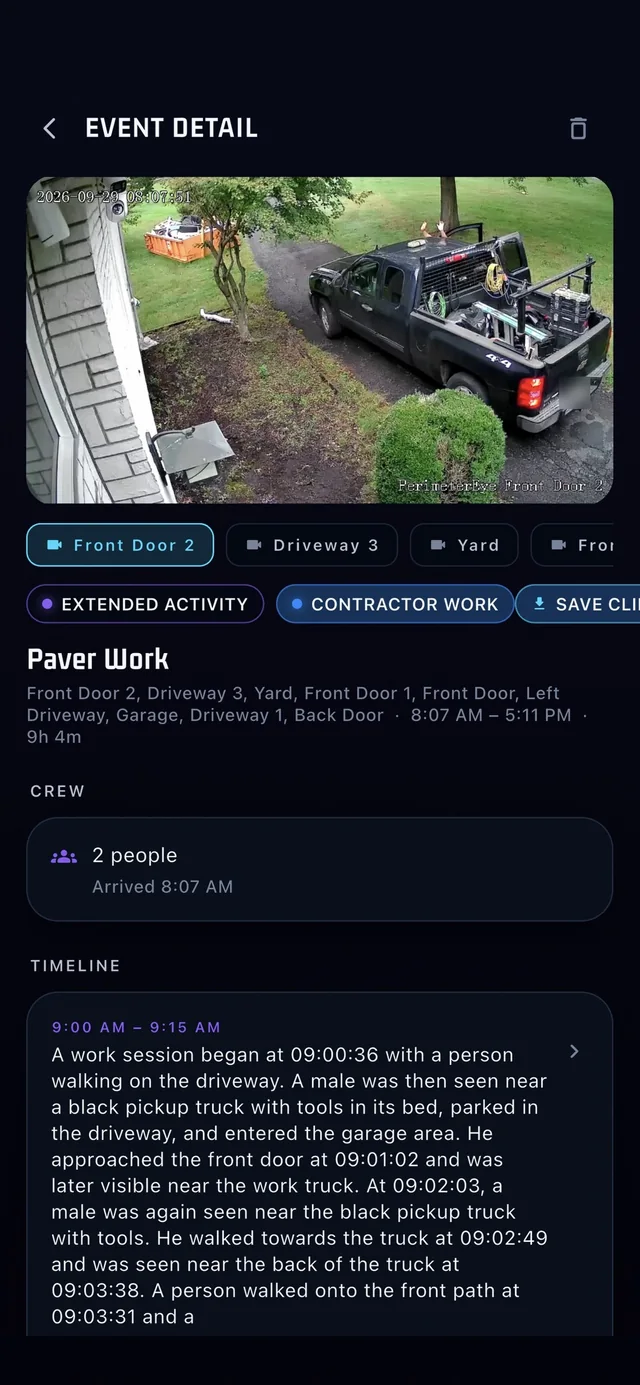 PerimeterEye app event detail for paver work on the driveway: the crew, when they arrived and a written timeline