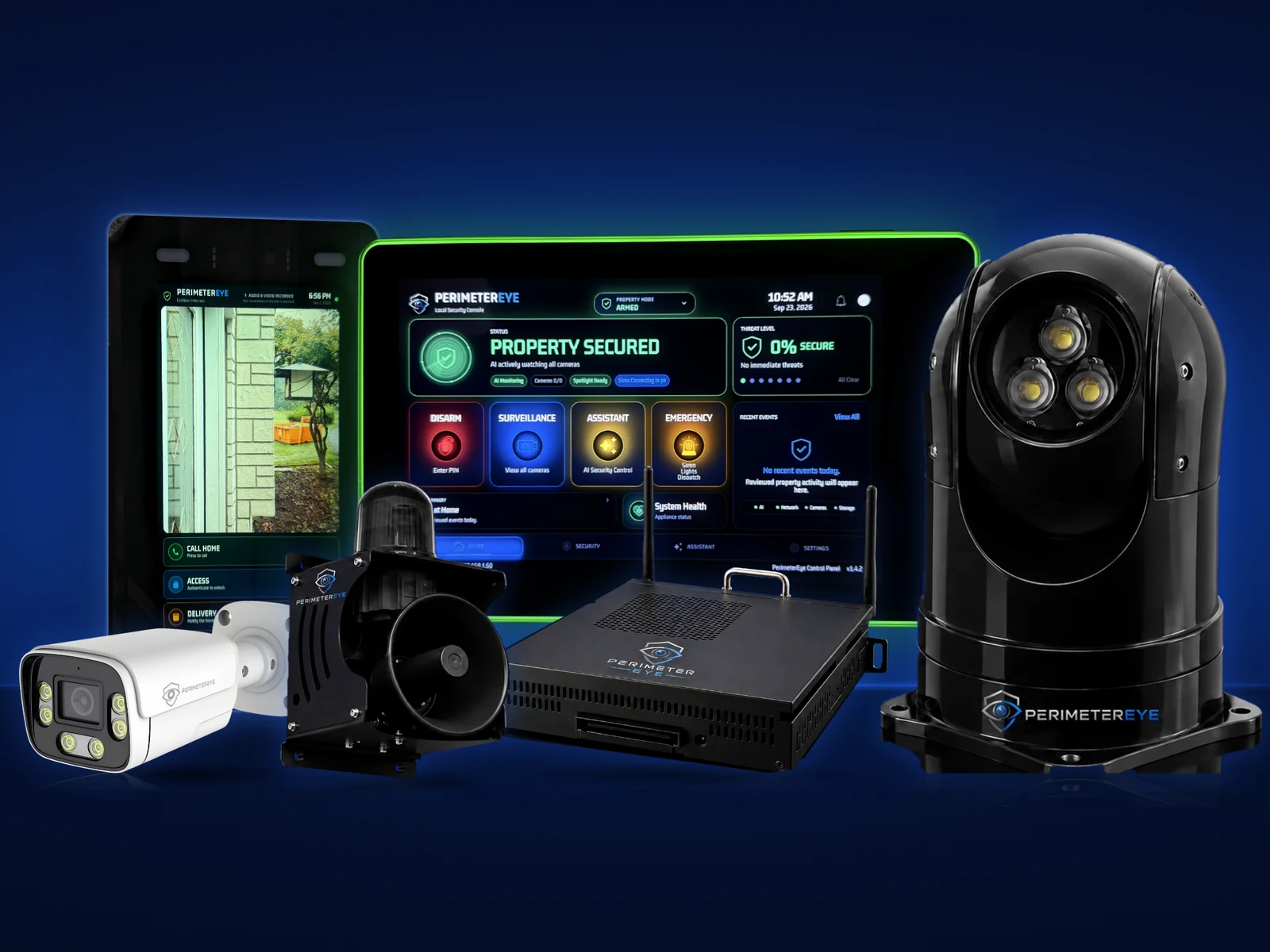 The PerimeterEye lineup: the Access outdoor intercom, the indoor wall panel, a white 4K AI camera, the siren, the Brain and the tracking spotlight